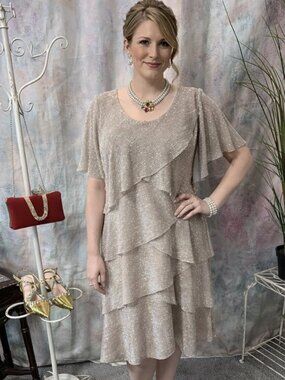 📌Ignite Evening Shimmer Tiered Ruffle Embellishment Shift Flutter Sleeve Dress